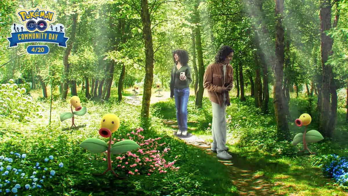 Players strolling through a wooded area with Bellsprout.