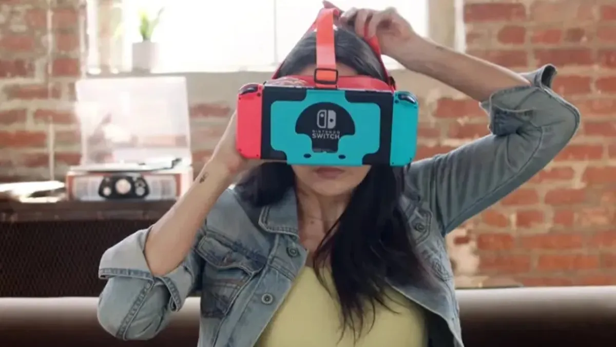 A woman putting on the "Virtual Boy Pro" accessory for the Nintendo Switch.