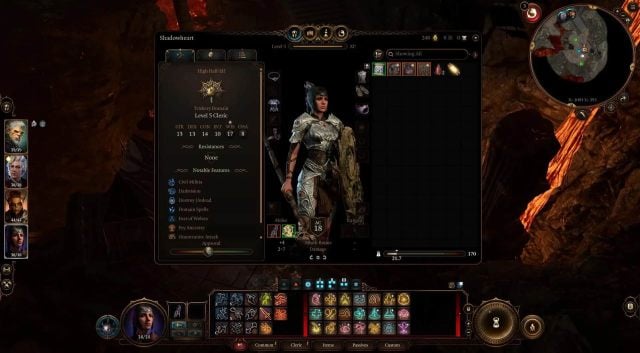 Shadowheart sporting some impressive armor in the inventory menu for Baldur's Gate 3.