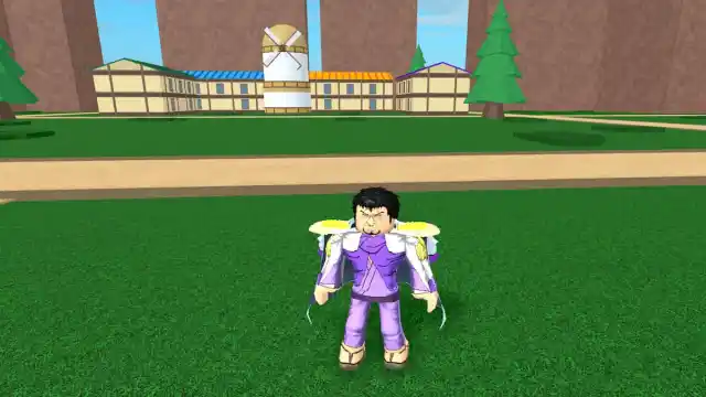 A character stands in a grass lawn outside a house in Blox Fruits.