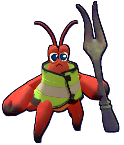 Kril, a red hermit crab, in a yellow safety vest holding a fork.
