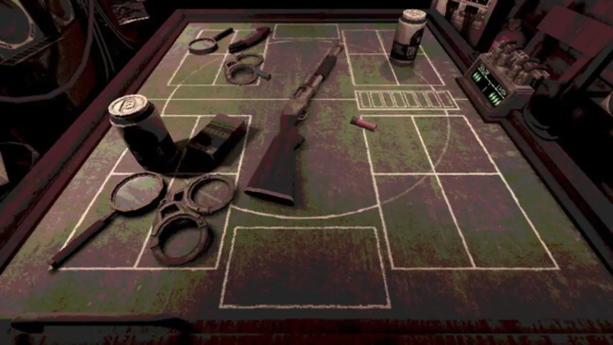 An overhead view of the tabletop with the shotgun at the center, surrounded by handcuffs, beer, and magnifying glass in Buckshot Roulette