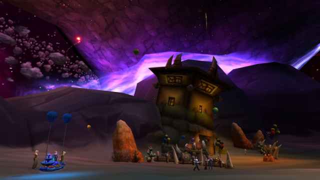A party in the Caverns of Time during WoW's 19th anniversary. There are many NPCs celebrating and decorations