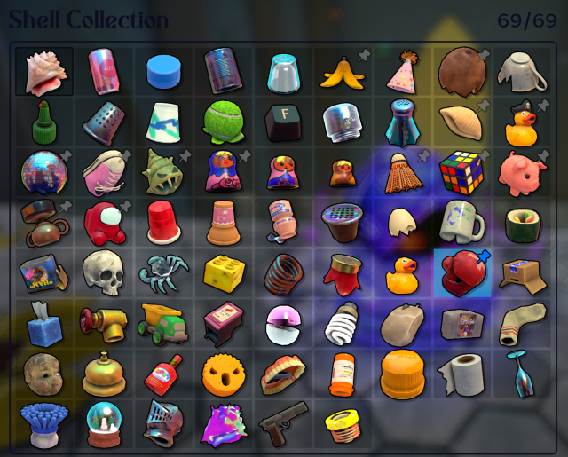 The full collection of shells in Another Crab's Treasure. There are a total of 69 shells, including rubber duckies, tennis balls, tissue boxes, and other random mundane objects.