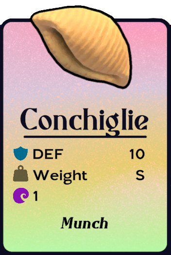 A screenshot from Another Crab's Treasure showing the Conchiglie shell and its stats