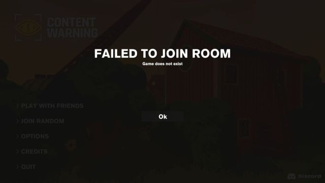 A screenshot of the "game does not exist" error pop-up screen in Content Warning.