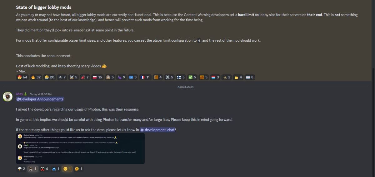 A screenshot of an announcement in the Content Warning Discord server.