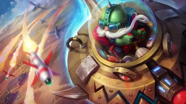 A Yordle from League of Legends flying a UFO and dodging rockets.