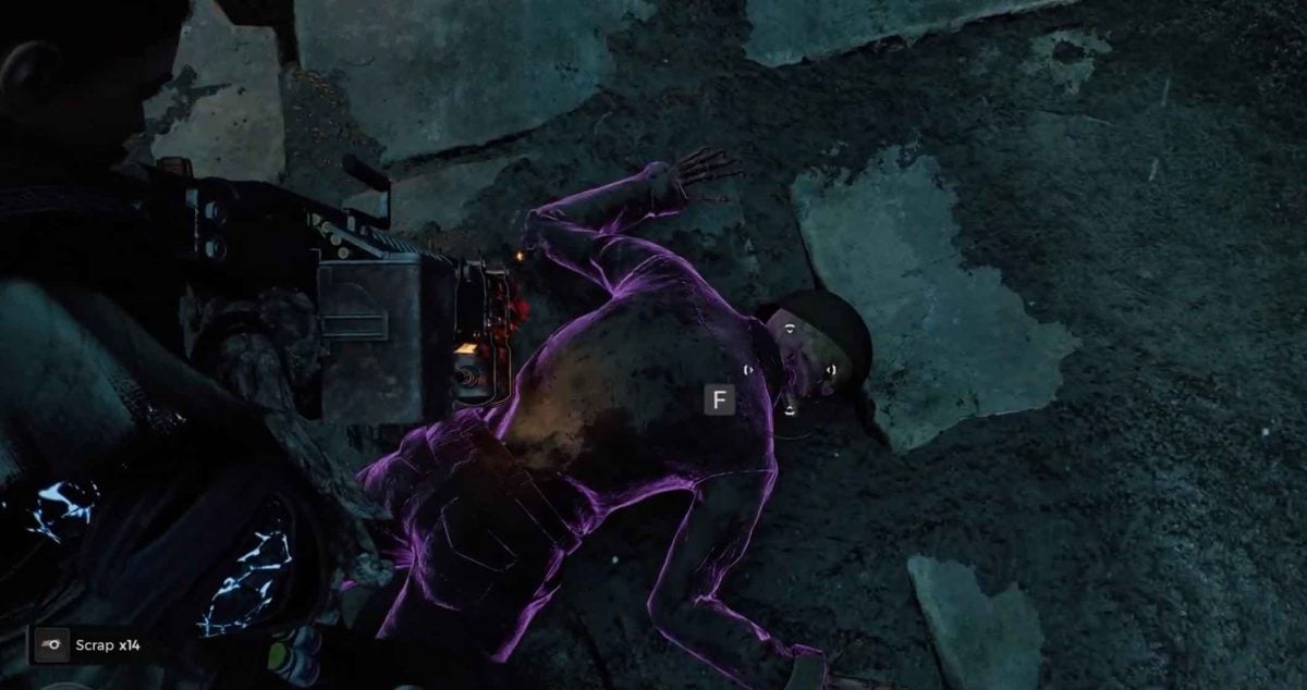 A corpse on the ground highlighted in purple.