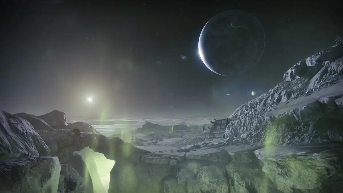 A panoramic view of the Hive-infested Moon in Destiny 2.