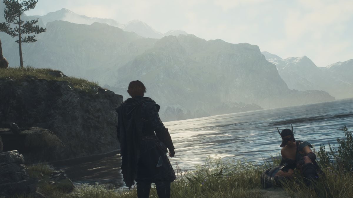 A Dragon's Dogma 2 screenshot that shows the Arisen and a pawn looking out over a body of water.