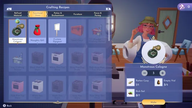 A screenshot of the crafting recipes available in Disney Dreamlight Valley with the Monstrous Cologne recipe listed.