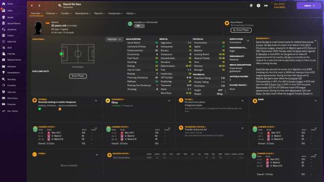 David de Gea's page in Football Manager 2024.