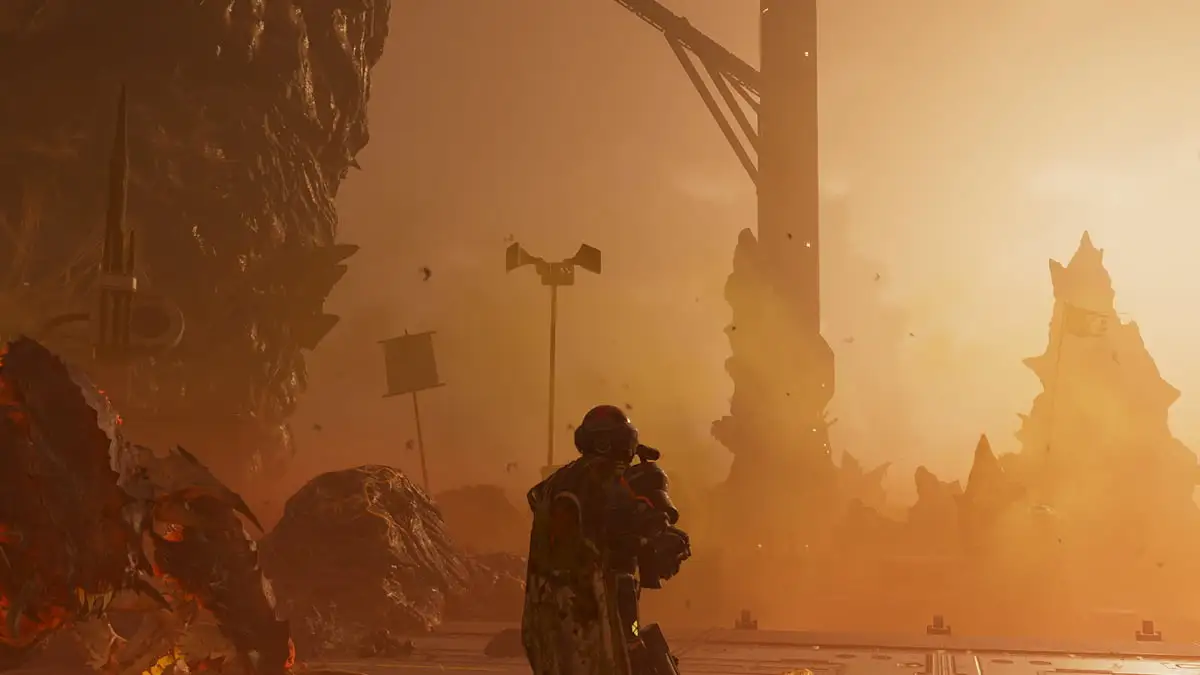 Helldiver standing on a corrupted world in Helldivers 2