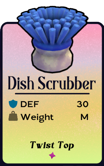 A dish scrubber, with blue fronds at the top.