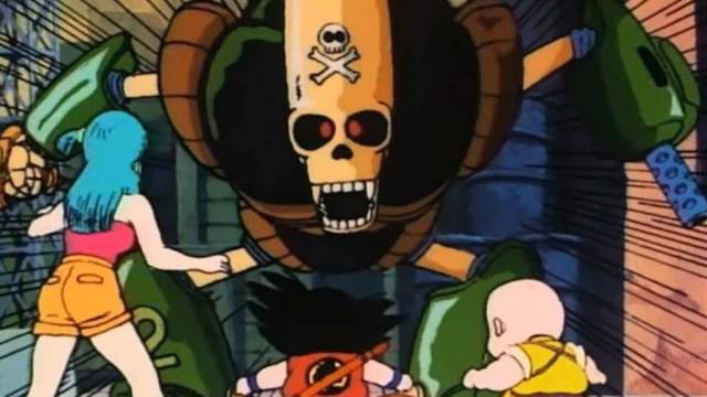 Goku, Bulma, and Krillin facing off against a Pirate Robot.