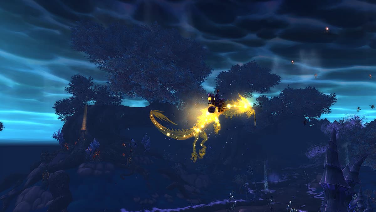 WoW character riding a dragon mount in Pandaria