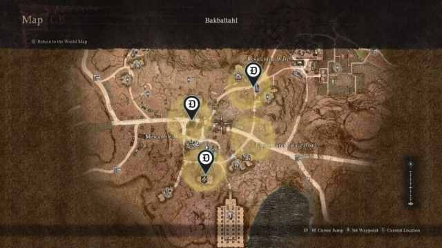 The three locations for the Civil Unrest quest in Dragon's Dogma 2.
