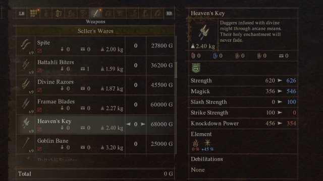 The Heaven's Key weapon in Dragon's Dogma 2, in the game's menu.