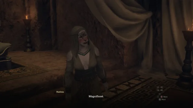 The empress of Bakbattahl Nadinia accepts a gift from the Arisen in Dragon's Dogma 2.