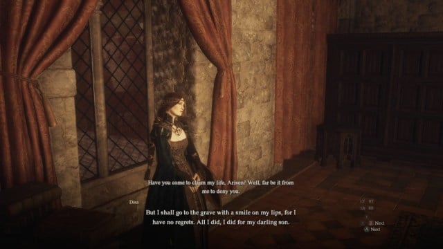 The Queen Disa in Dragon's Dogma 2, lamenting her position.
