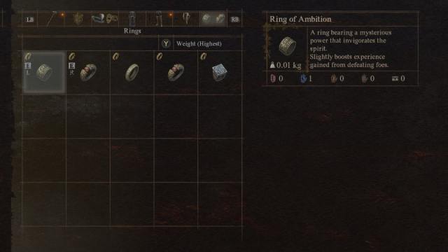 The Ring of Ambition item in Dragon's Dogma 2, in the game's menu.
