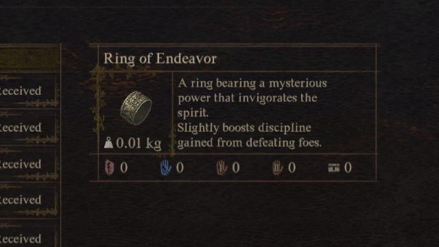 The Ring of Endeavor item in Dragon's Dogma 2, in the game's menu.