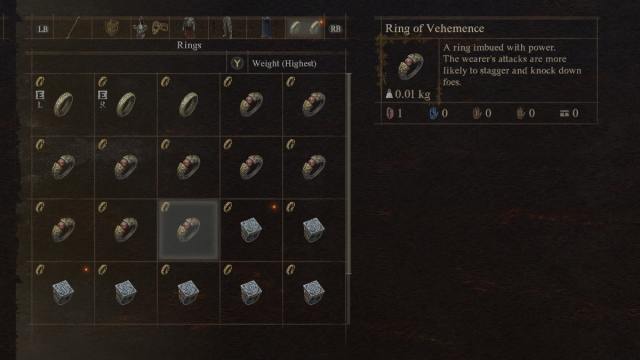 The Ring of Vehemence item in Dragon's Dogma 2, in the game's menu.