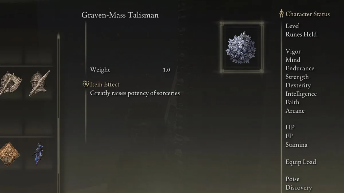The Graven-Mass Talisman in Elden Ring, part of the Necromancer build.