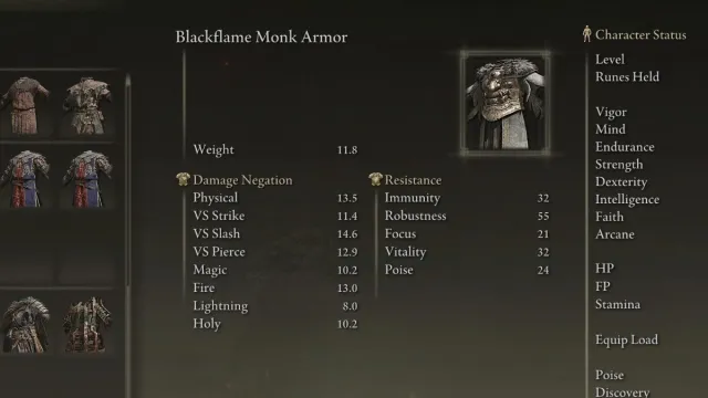 The medium armor Blackflame Monk Chestpiece in Elden Ring.