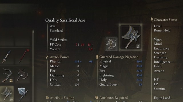 The Quality Sacrificial Axe weapon in Elden Ring.