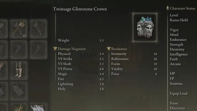The Twinsage Glintstone Crown item in Elden Ring, in the game's menu.
