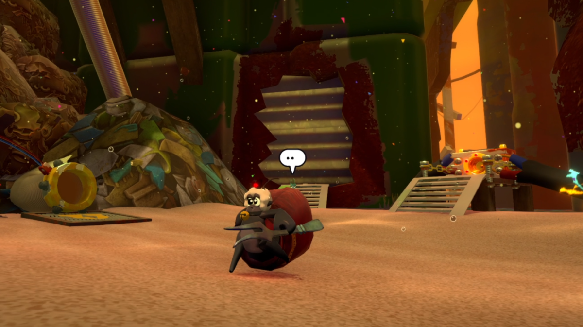 A screenshot from Another Crab's Treasure, showing Kril running in front of a metal garage door.