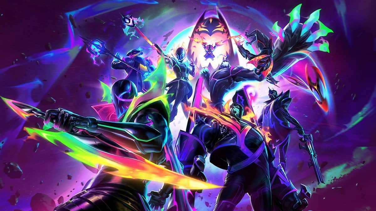Empyrean skins in League of Legends, sporting bright neon colors.