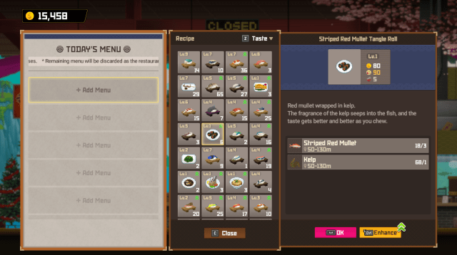 List of unlocked recipes in Dave the Diver, showing the Enhance button