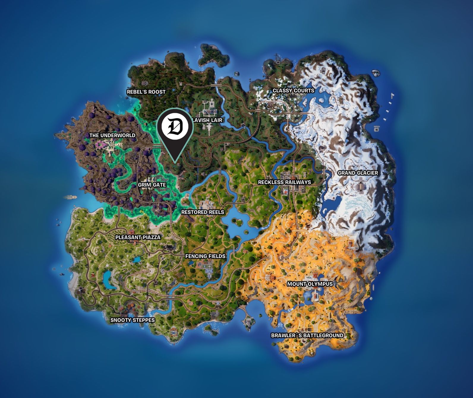 Fortnite map showing the location of Red Windmill for the quests.