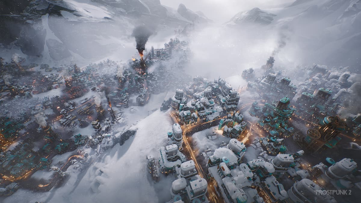 An image of the snow covered city from Frostpunk 2.
