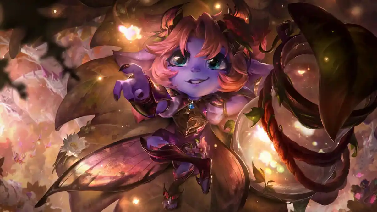 Faerie Court Tristana surrounded by fall leaves and fireflies