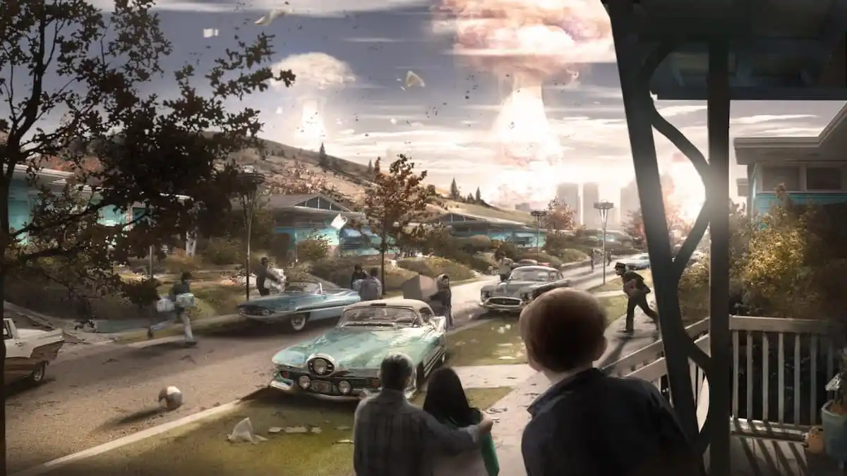 Fallout 4 promo artwork featuring people running from an explosion blast.