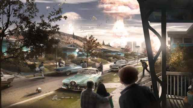 Fallout 4 promo artwork featuring people running from an explosion blast.