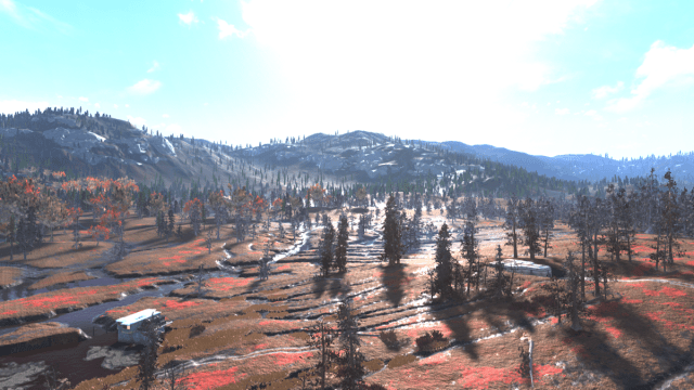 An overhead view of Cranberry Bog in Fallout 76.