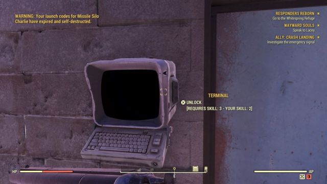 Image of a Terminal on an outside stone wall in Fallout 76. The door it is next to has blue tinges and is in a metal frame.
