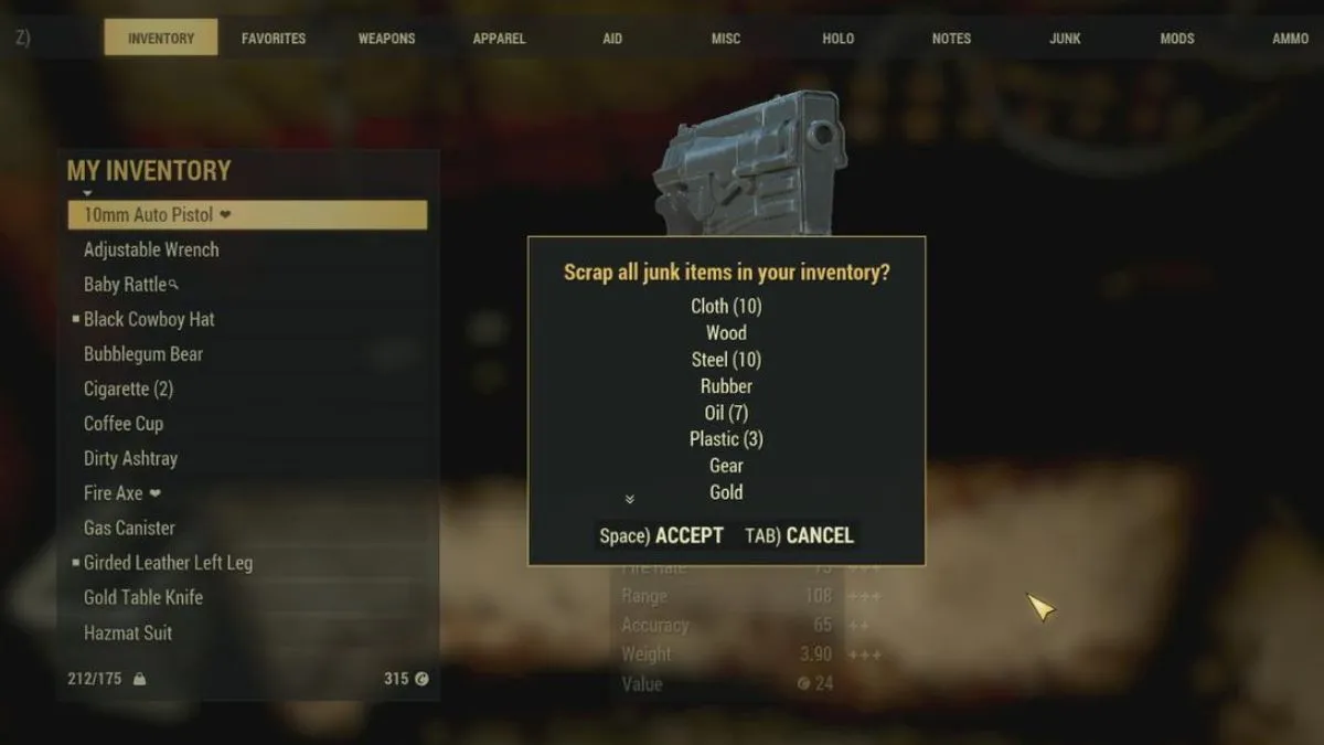Inventory option in fallout 76
