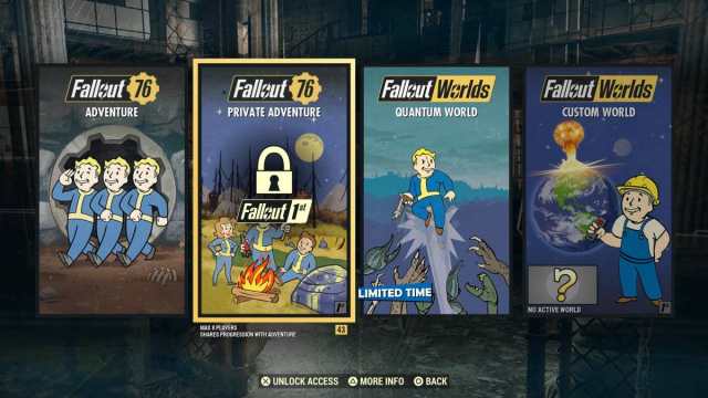 Image showcasing the Private Adventure mode in Fallout 76. It is an image of a menu in Fallout 76 with four modes on showcase.
