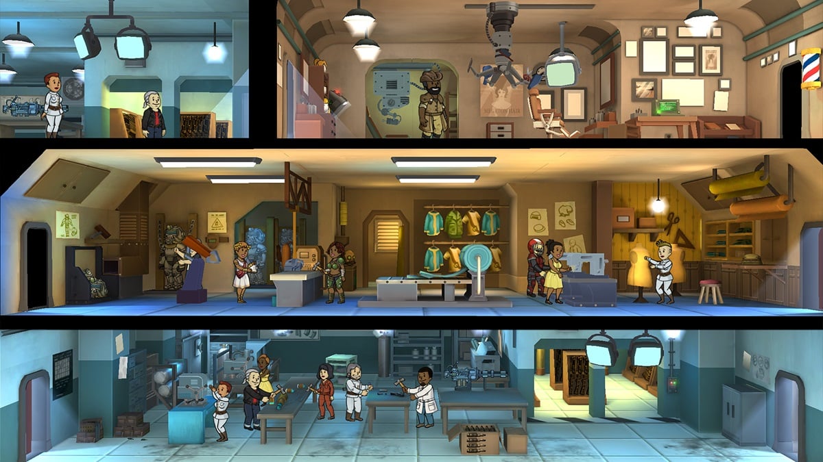 Vault dwellers going about their daily lives in Fallout Shelter.