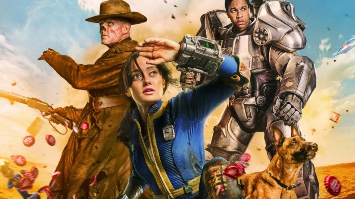 A poster of the three main Fallout characters from the Fallout television show