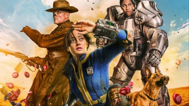 A poster of the three main Fallout characters from the Fallout television show