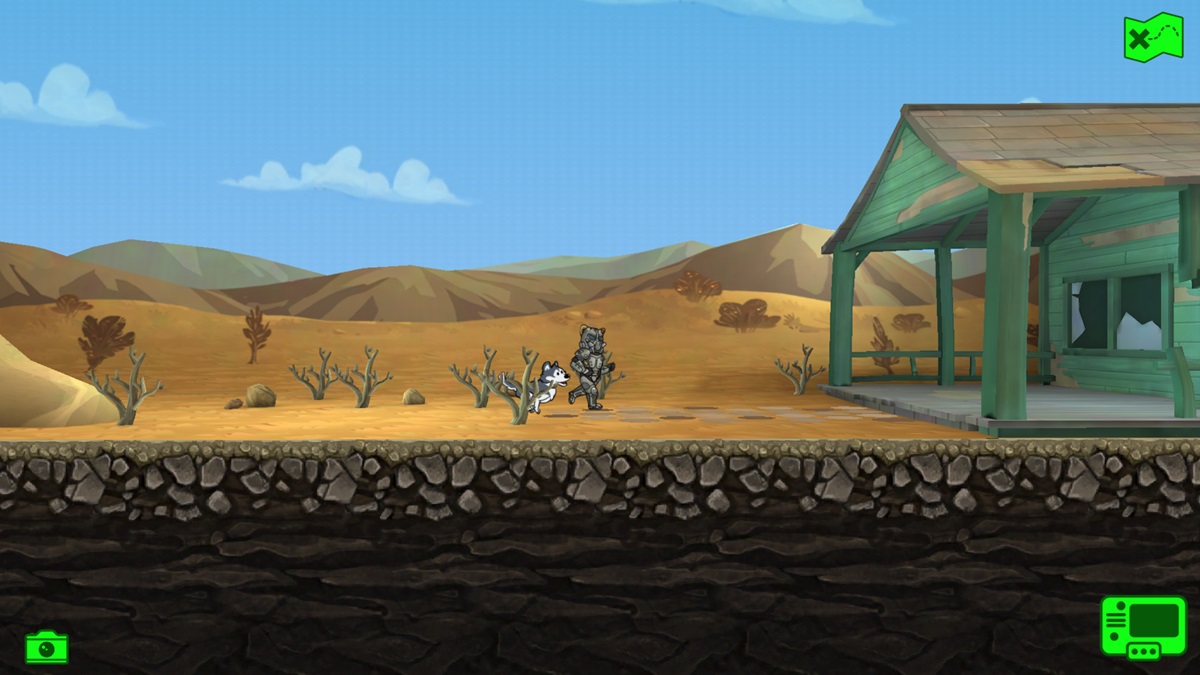A vault explorer and their dog approaching a house in the wasteland in Fallout Shelter.
