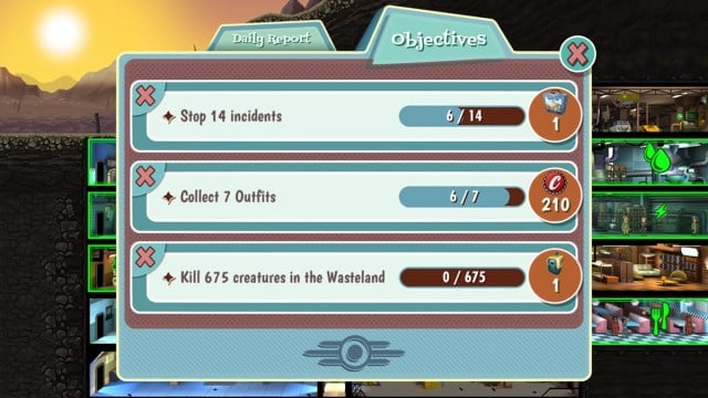 Objectives showcased with the vault in the background in Fallout Shelter.