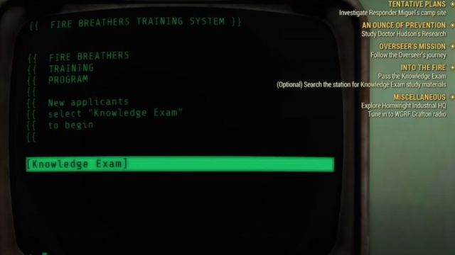 Fallout 76 exam screen screengrab
